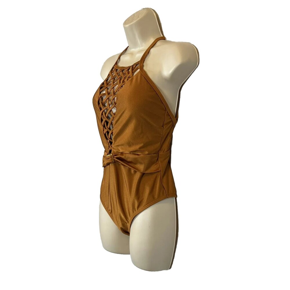 Venus Bronze Brown Crisscross Cutout Halter Faux Belt w/Buckle One Piece Sz 8 - Picture 3 of 8